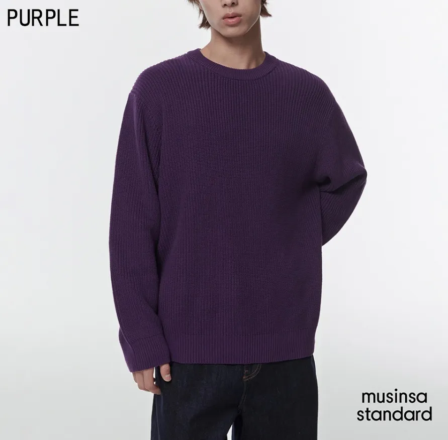 MUSINSA STANDARD  |Crew Neck Street Style Long Sleeves Plain Cotton Sweaters