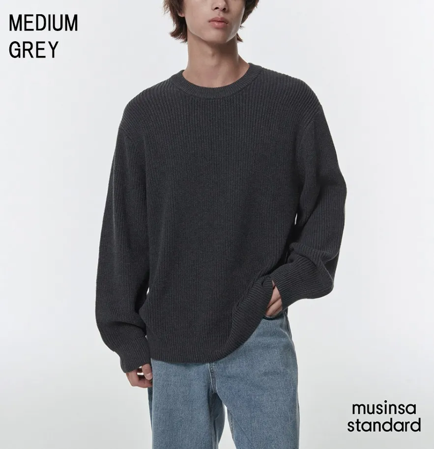 MUSINSA STANDARD  |Crew Neck Street Style Long Sleeves Plain Cotton Sweaters