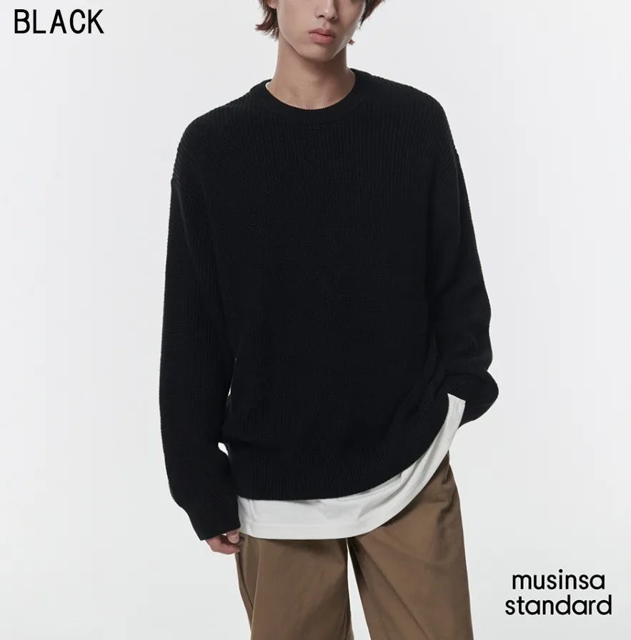 MUSINSA STANDARD  |Crew Neck Street Style Long Sleeves Plain Cotton Sweaters