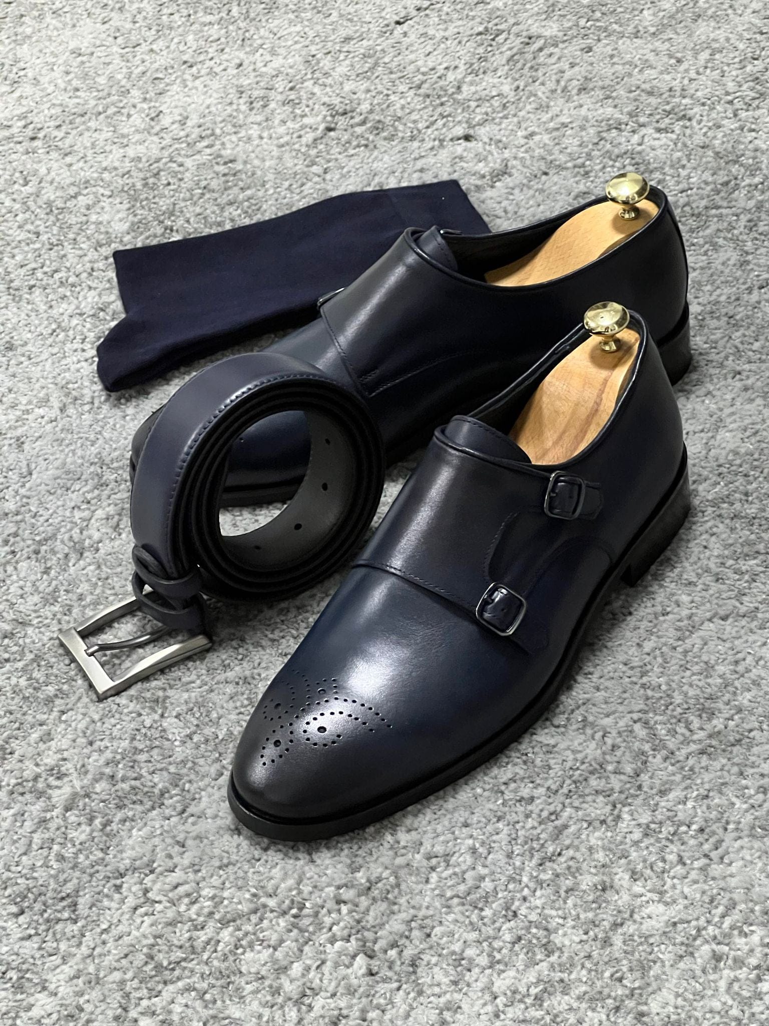 Neolite Sole Double Monk Strap Navy Blue Classic Shoes