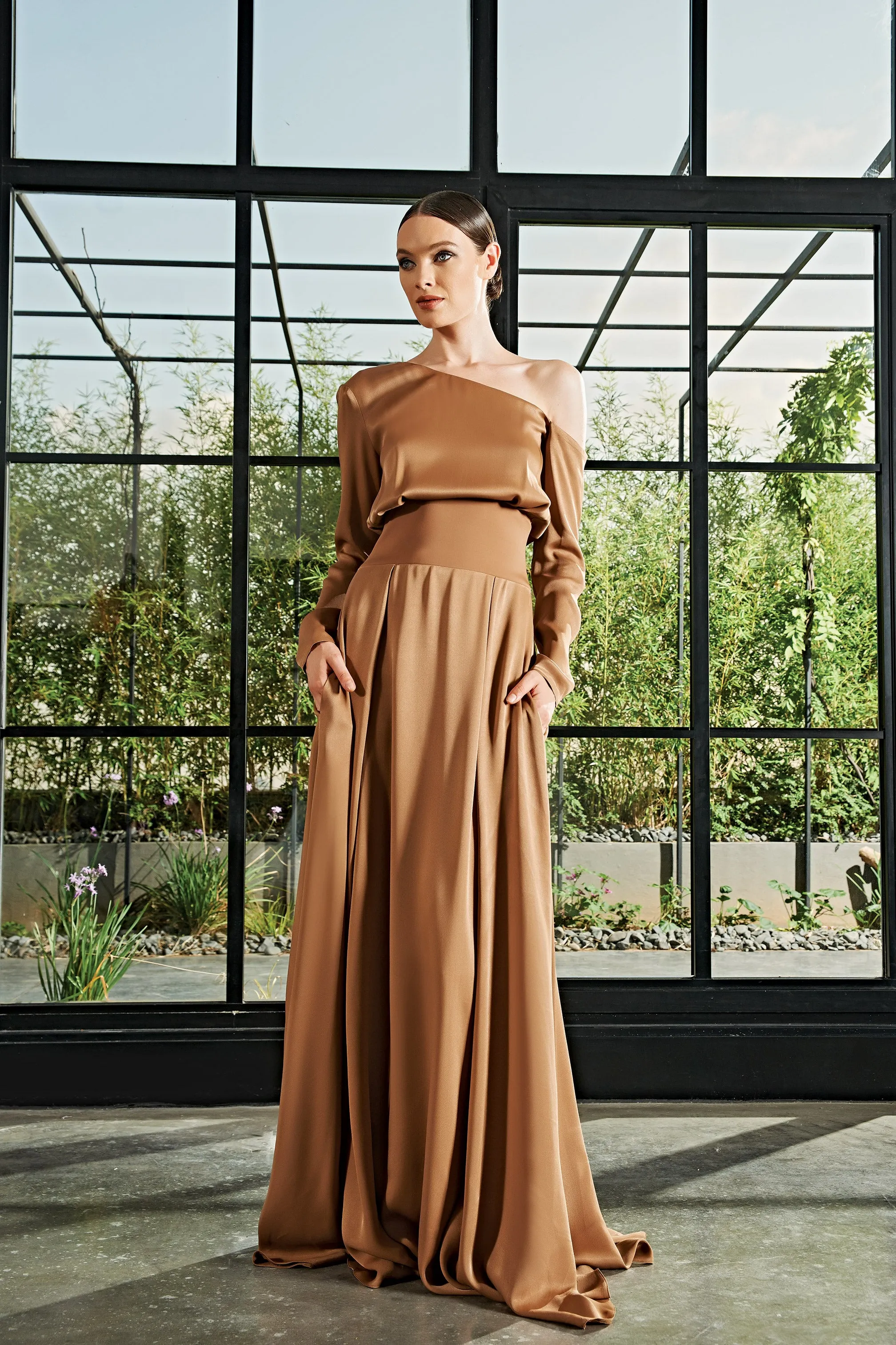 Off-Shoulder Viscose Satin Long Dress with Double-Faced Viscose Waistline Detail