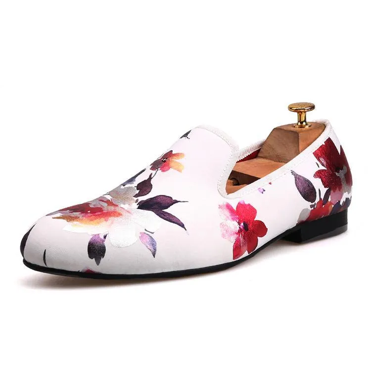 OneDrop Handmade White Color Print Gold Flower Men Wedding Party Prom Loafers