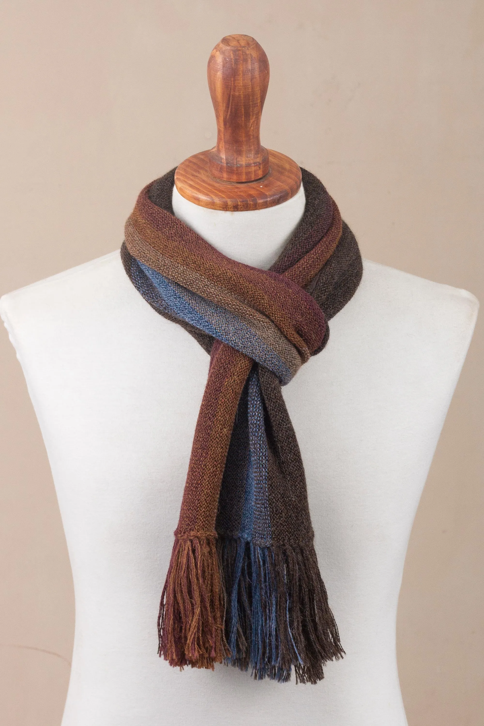 Outcropping Stripes Shades of Brown Burgundy and Blue 100% Alpaca Knit Scarf