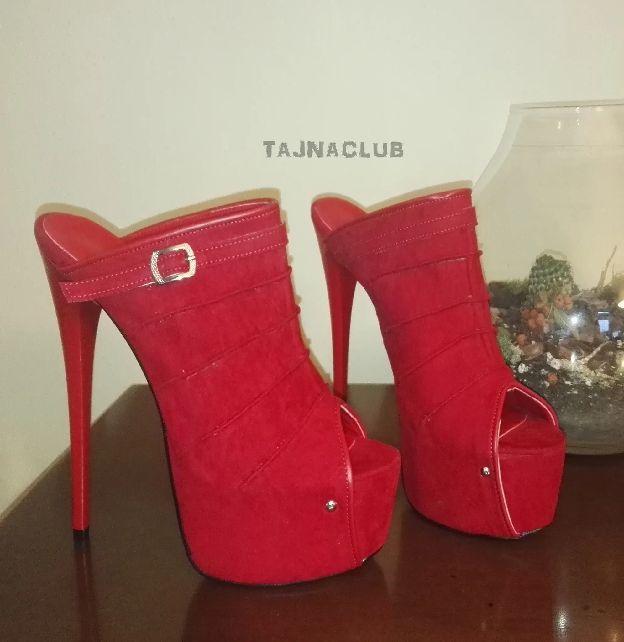 Peep Toe Belted Red Mules