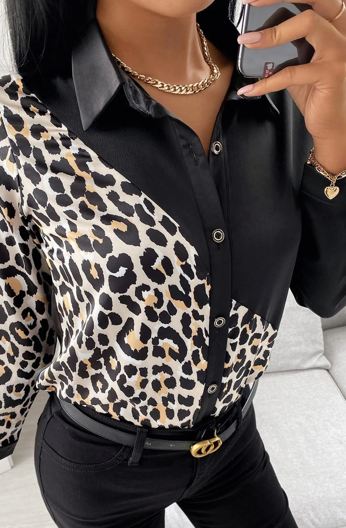 Percie  Contrast  Animal Printed Shirt Top