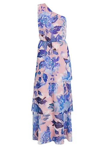 Pink & Blue Chiffon Floral Maxi Dress with Asymmetric Shoulder & Cape Detail by Quiz | Look Again