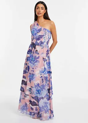 Pink & Blue Chiffon Floral Maxi Dress with Asymmetric Shoulder & Cape Detail by Quiz | Look Again