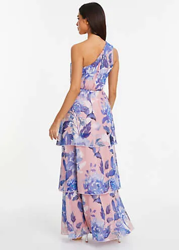 Pink & Blue Chiffon Floral Maxi Dress with Asymmetric Shoulder & Cape Detail by Quiz | Look Again