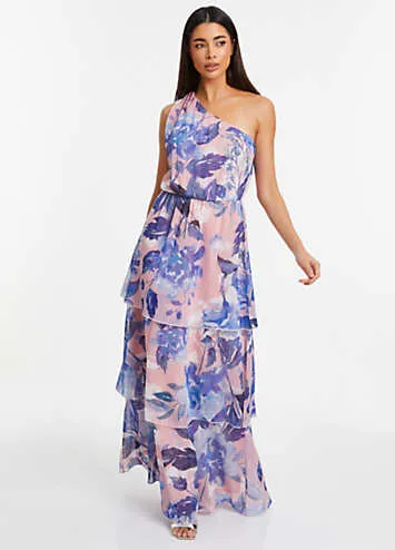 Pink & Blue Chiffon Floral Maxi Dress with Asymmetric Shoulder & Cape Detail by Quiz | Look Again