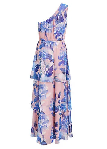 Pink & Blue Chiffon Floral Maxi Dress with Asymmetric Shoulder & Cape Detail by Quiz | Look Again