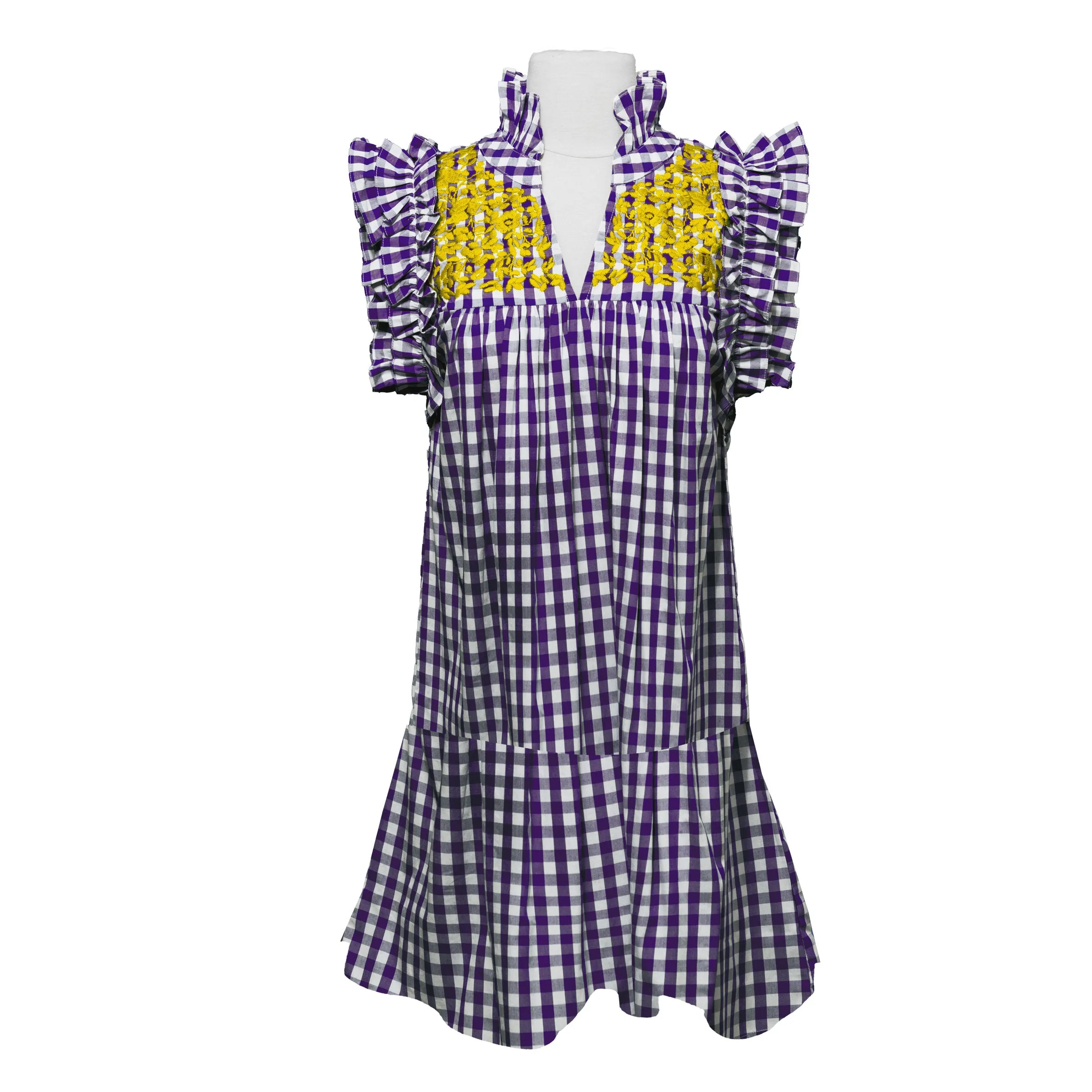 PRE-ORDER: Purple Buffalo Check Gingham + Gold Hummingbird Dress (late August ship date)