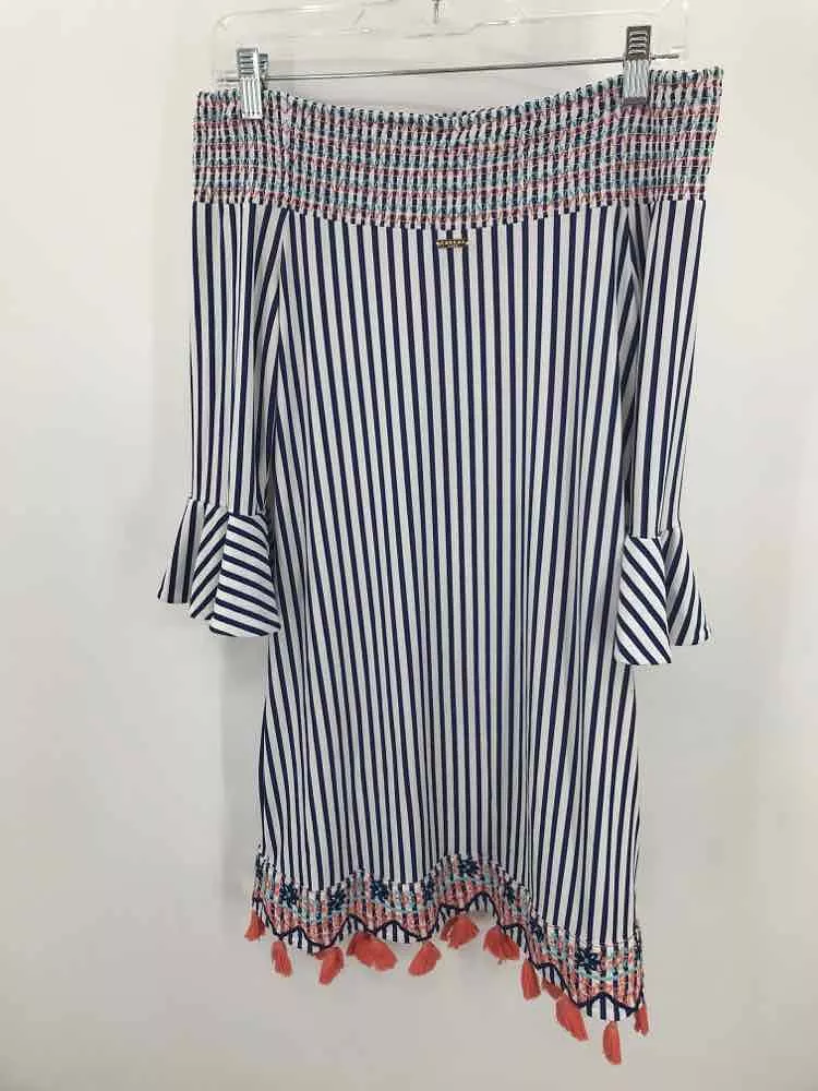 Pre-Owned Cabana Life Navy Size XS Stripe Knee Length Long Sleeve Dress