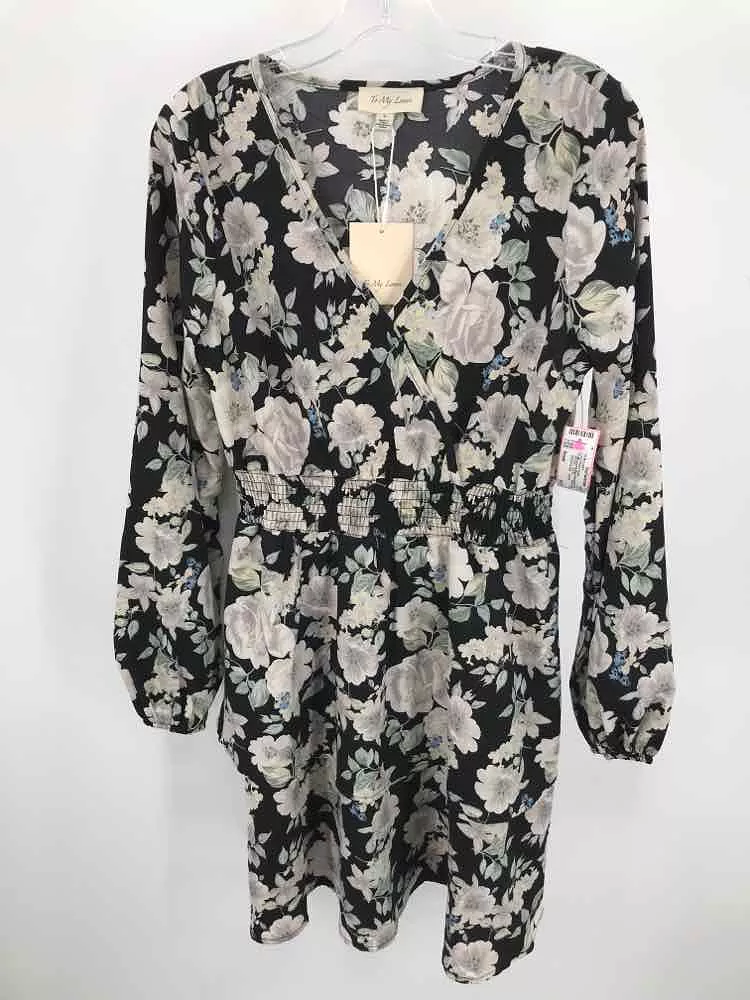 Pre-Owned To My Lovers Black Size Small Floral Knee Length Long Sleeve Dress