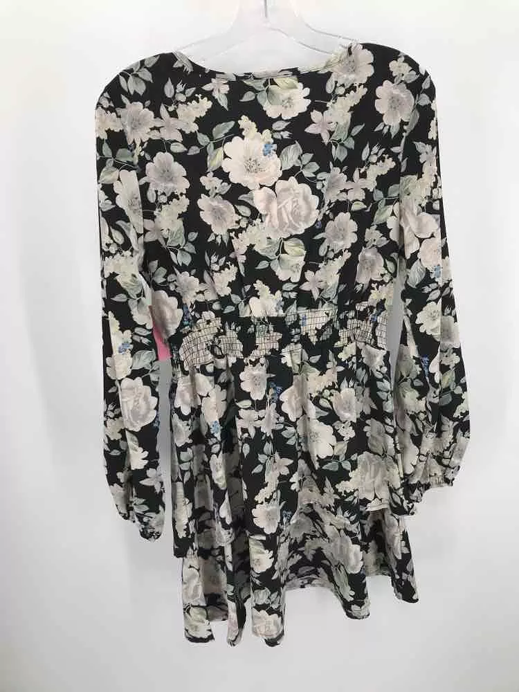 Pre-Owned To My Lovers Black Size Small Floral Knee Length Long Sleeve Dress