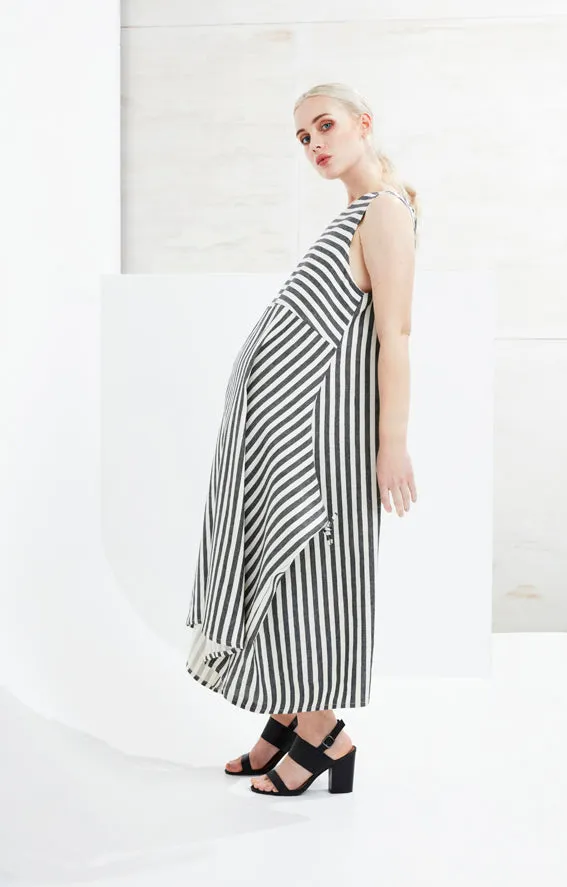  PRE~LOVED  LATITUDE LONGITUDE DRESS [ Linen, Wrap, Cream & Black Striped, Size S/M ]