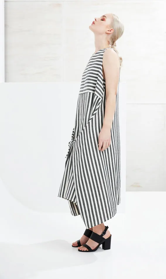  PRE~LOVED  LATITUDE LONGITUDE DRESS [ Linen, Wrap, Cream & Black Striped, Size S/M ]