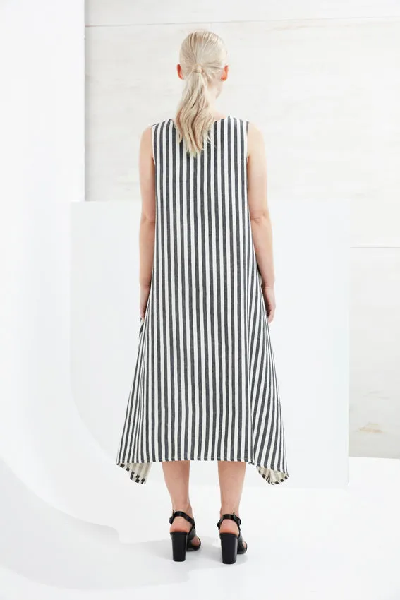  PRE~LOVED  LATITUDE LONGITUDE DRESS [ Linen, Wrap, Cream & Black Striped, Size S/M ]