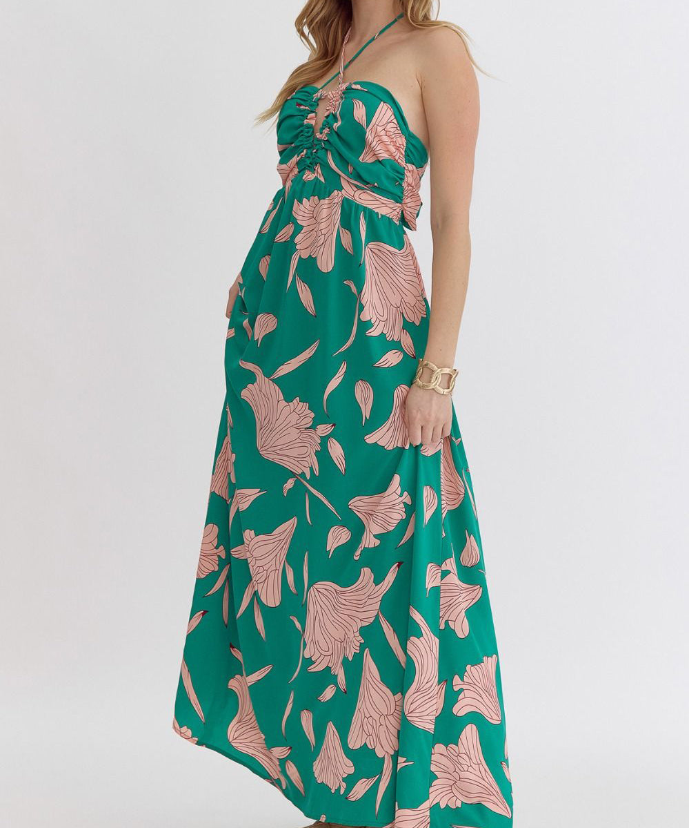 Printed Halter Neck Maxi Dress  Green