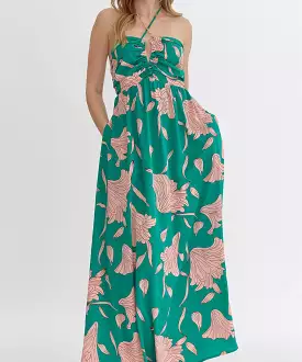 Printed Halter Neck Maxi Dress  Green