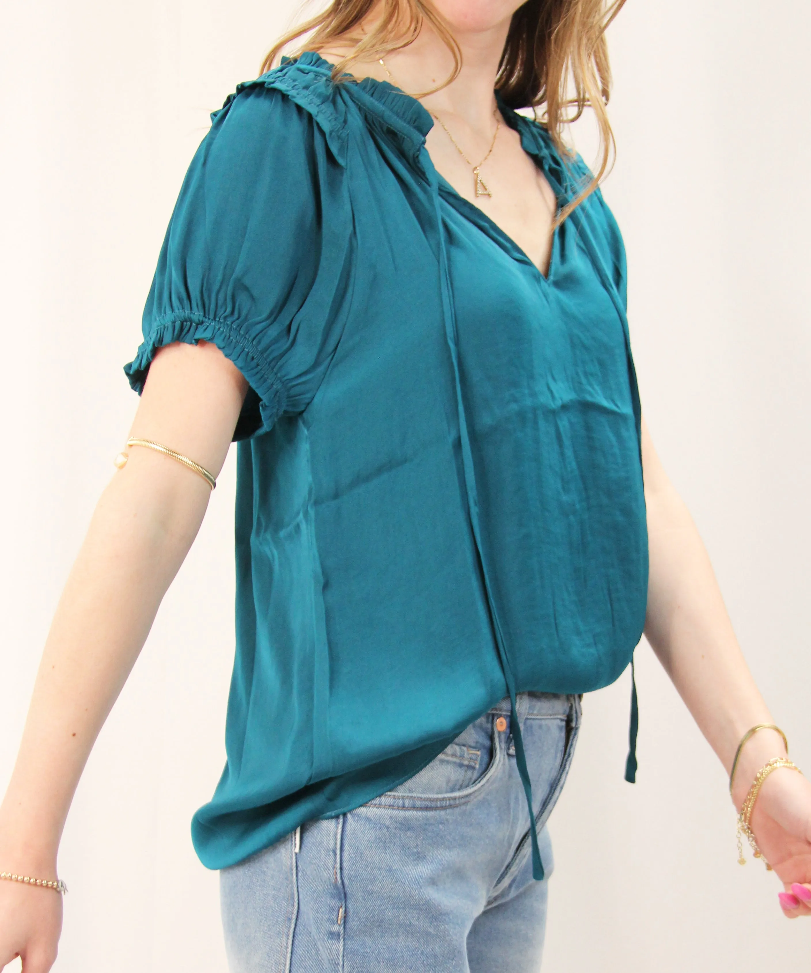 Raglan Sleeve Blouse with Frill Detail - Deep Teal