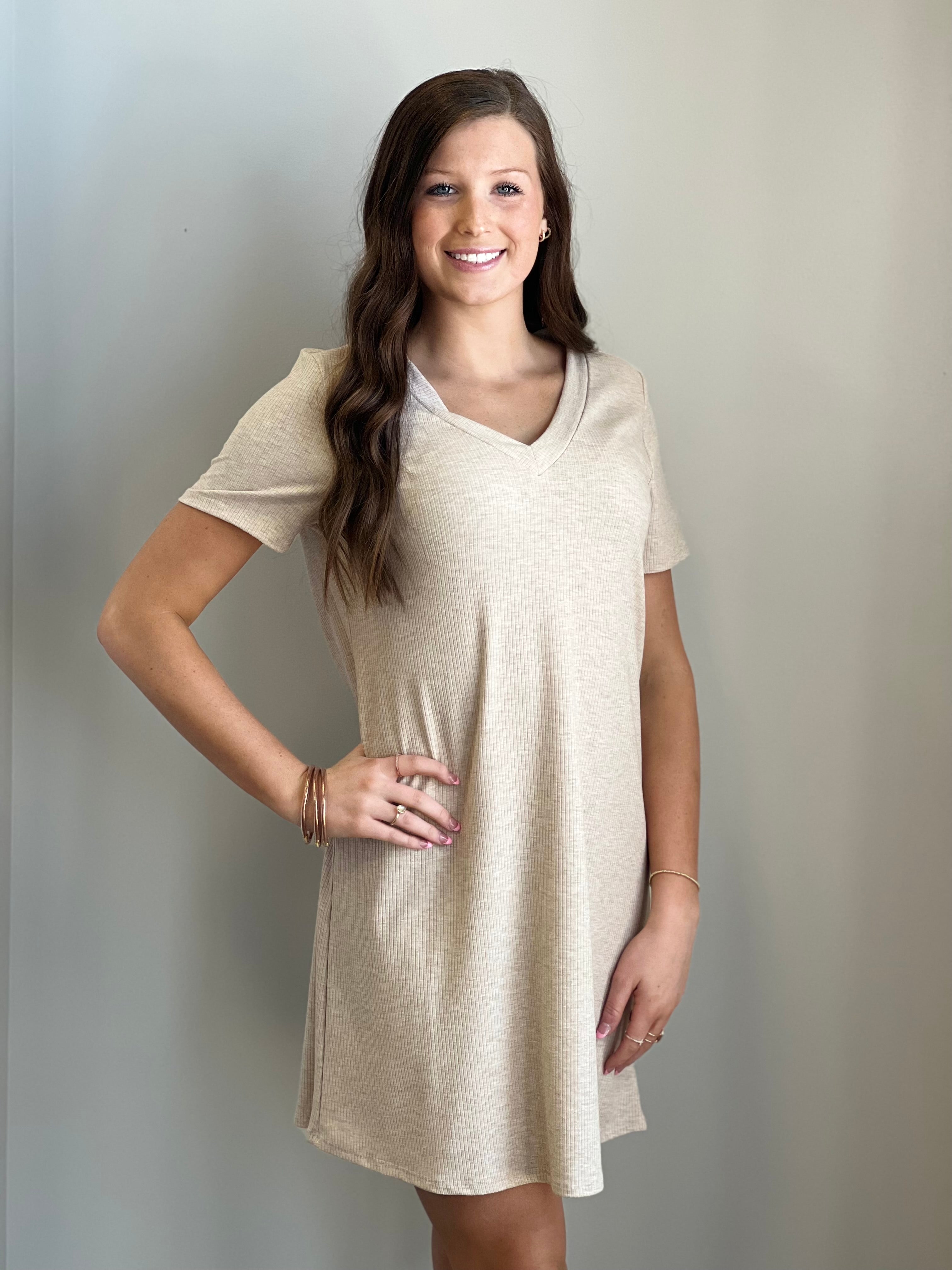 Rue Ribbed Knit V-Neck T-Shirt Dress