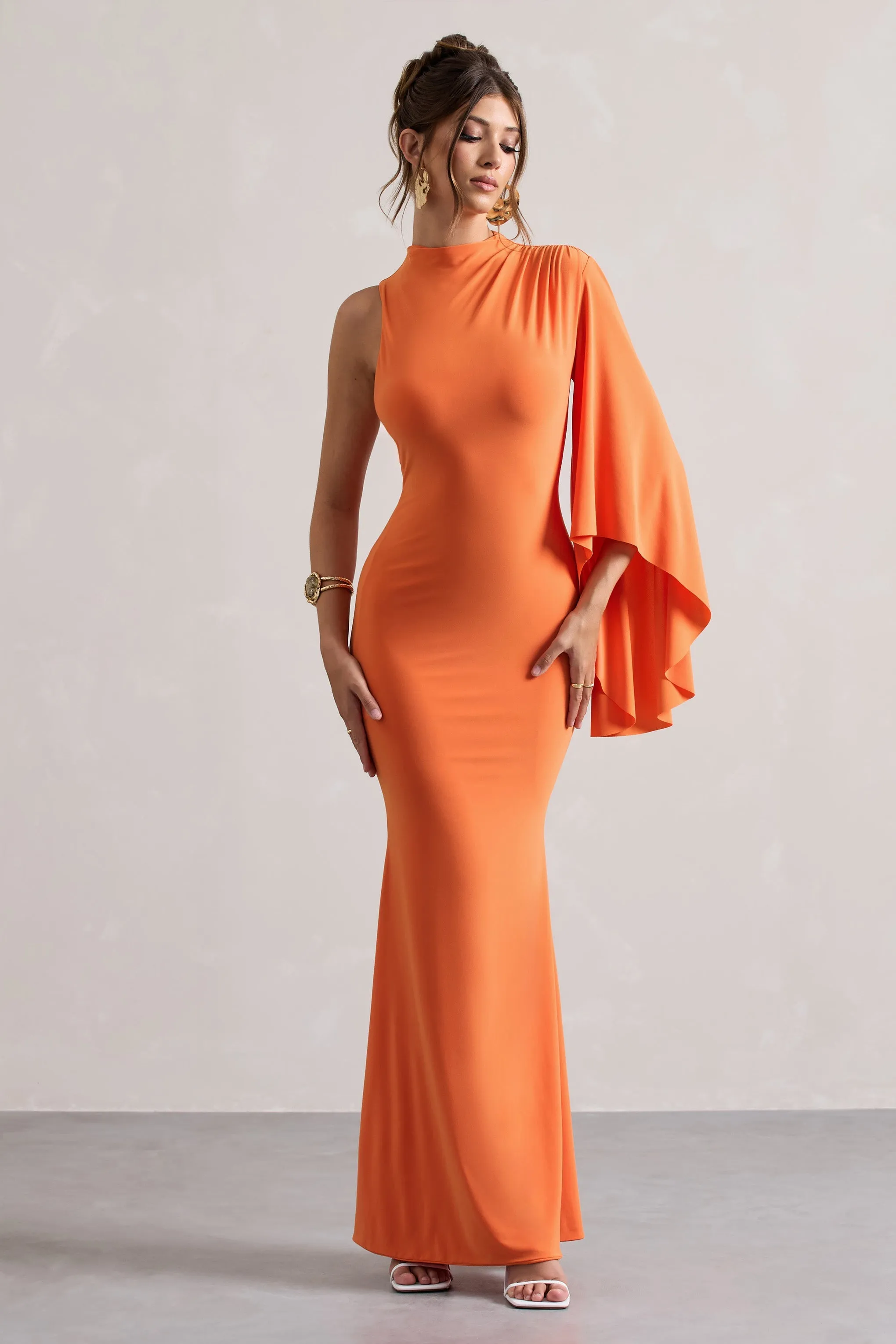 Samaya | Orange High-Neck Cape-Sleeve Maxi Dress