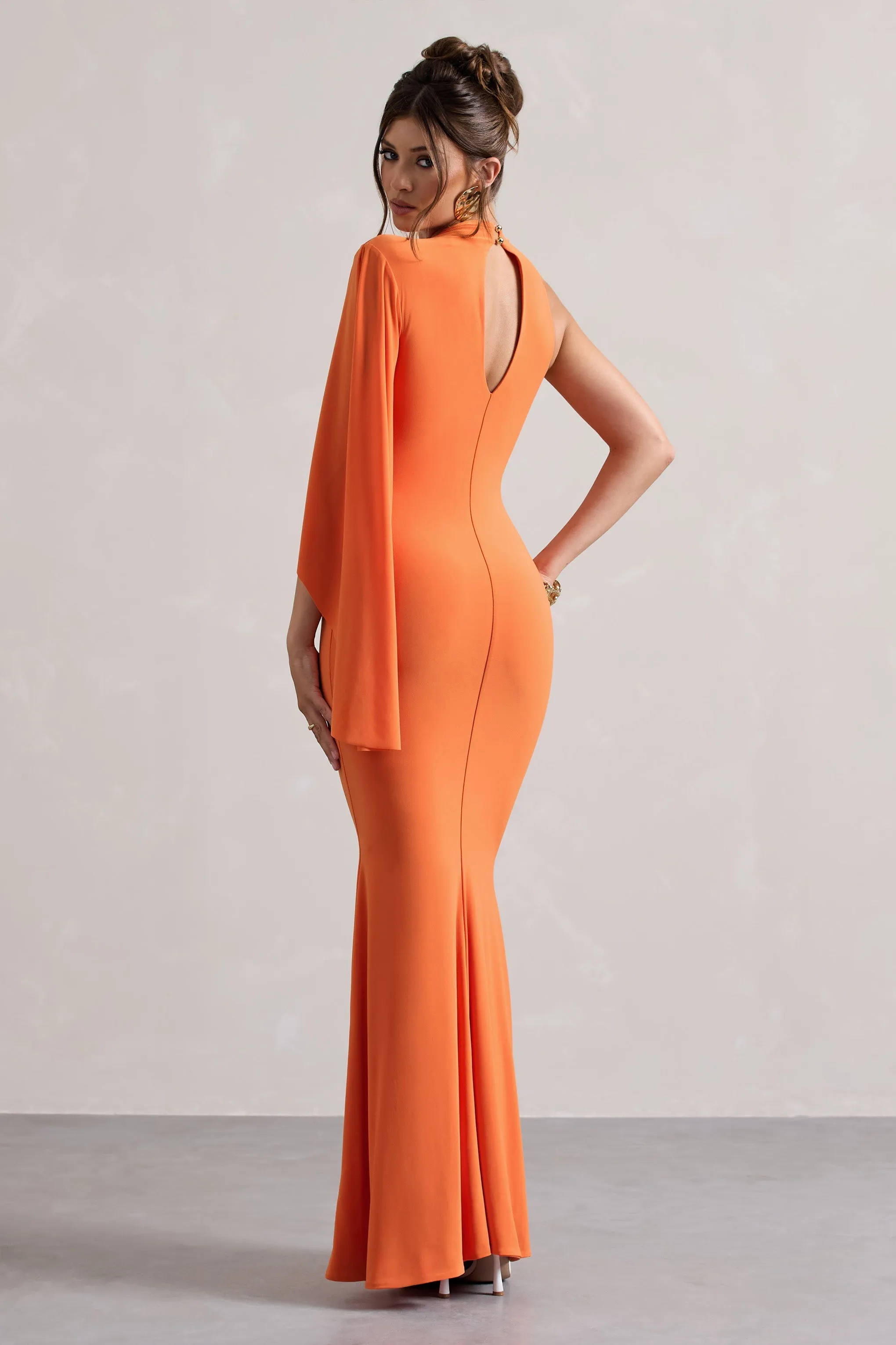 Samaya | Orange High-Neck Cape-Sleeve Maxi Dress