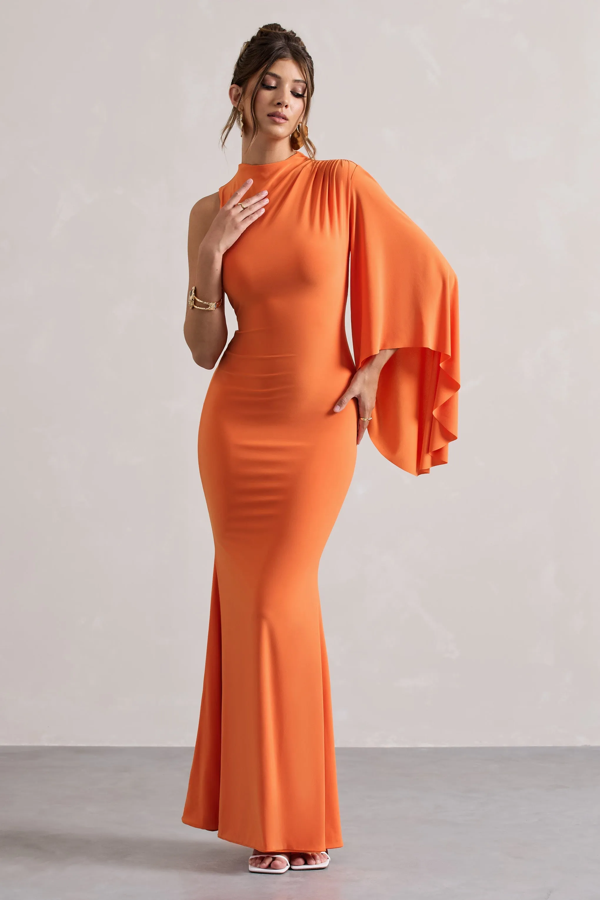 Samaya | Orange High-Neck Cape-Sleeve Maxi Dress