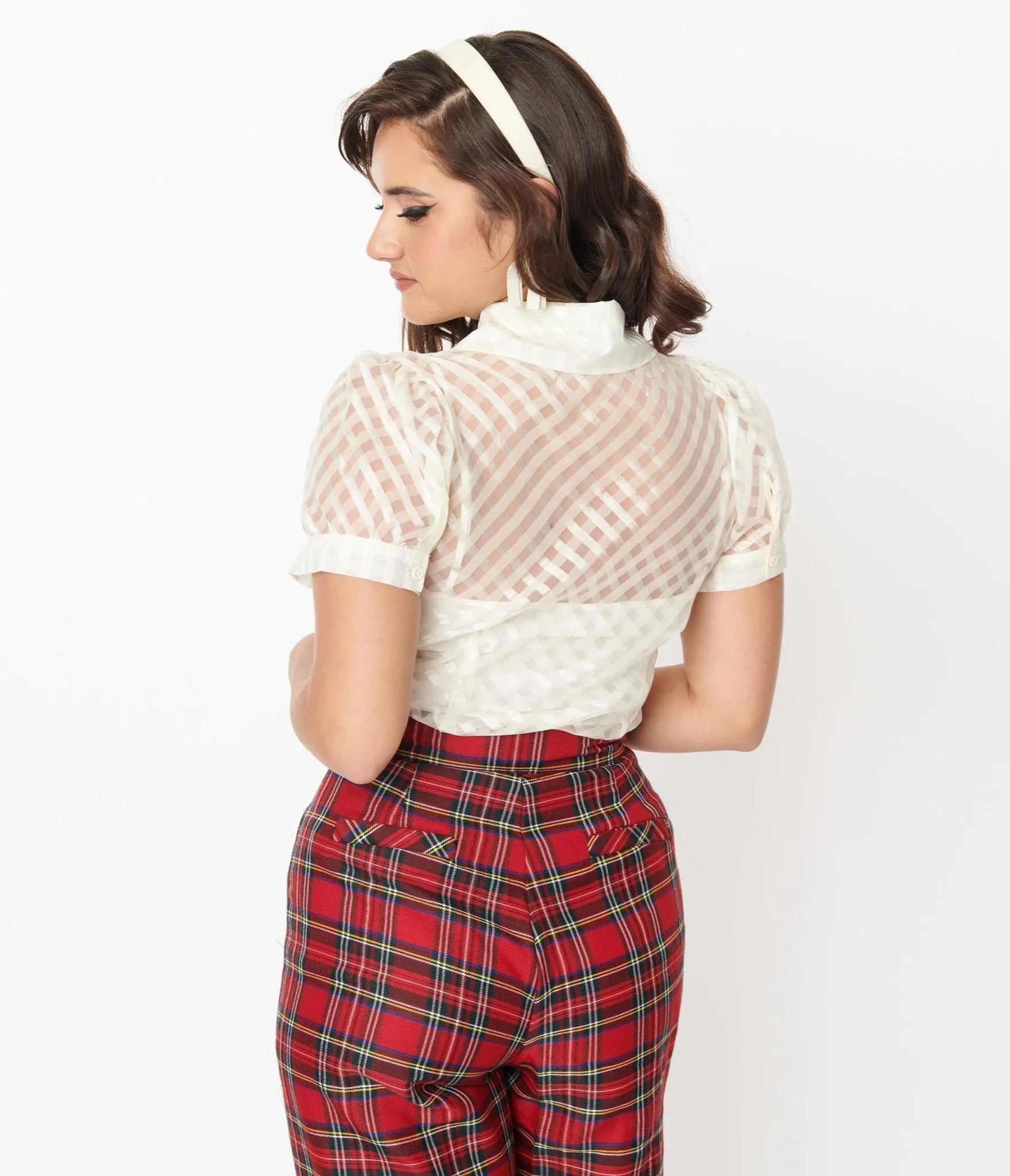 Smak Parlour Sheer Metallic Ivory Gingham Puff Sleeve Blouse