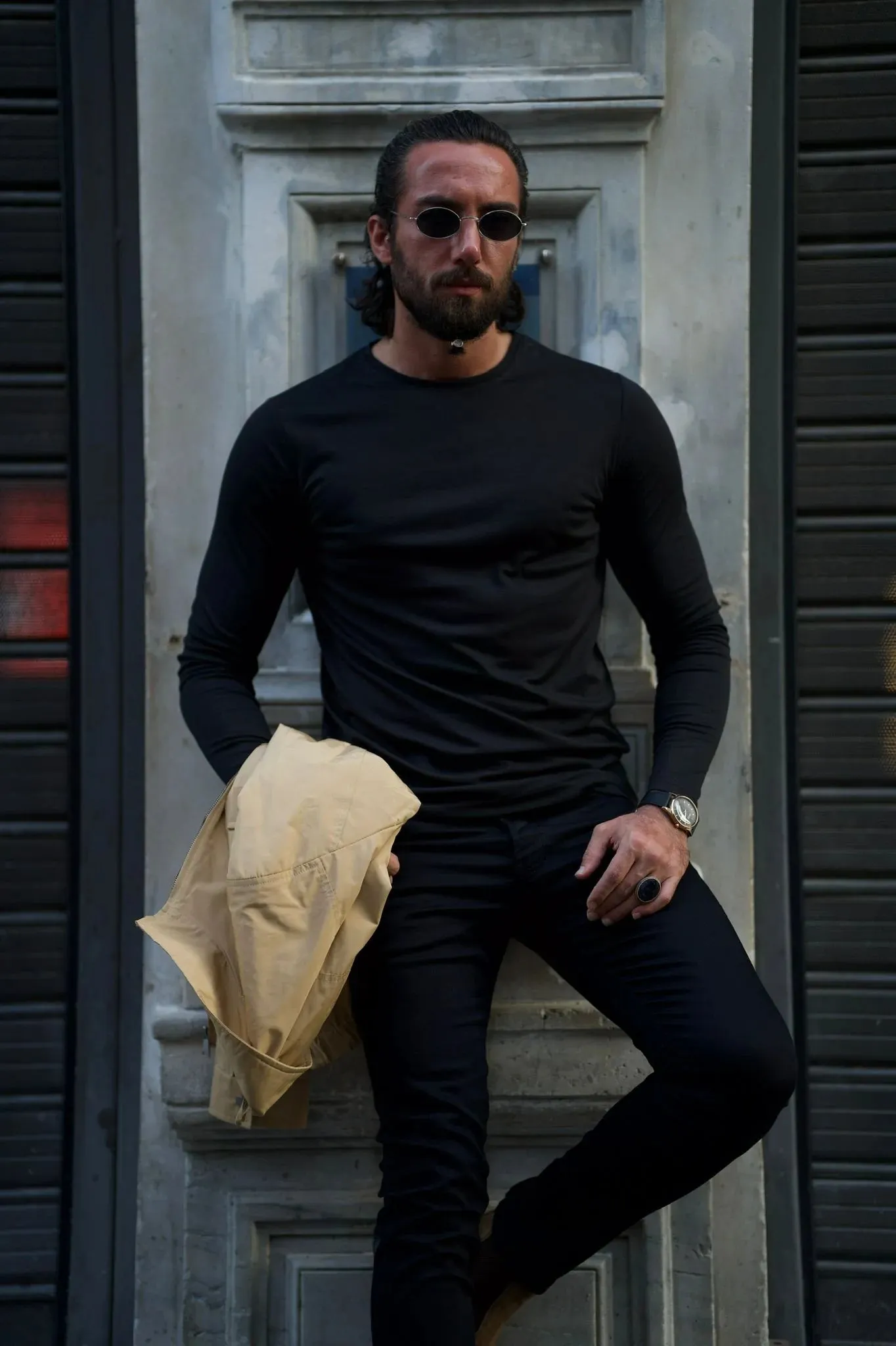 Stefano Slim Fit Custom Design Round Neck Black Sweaters