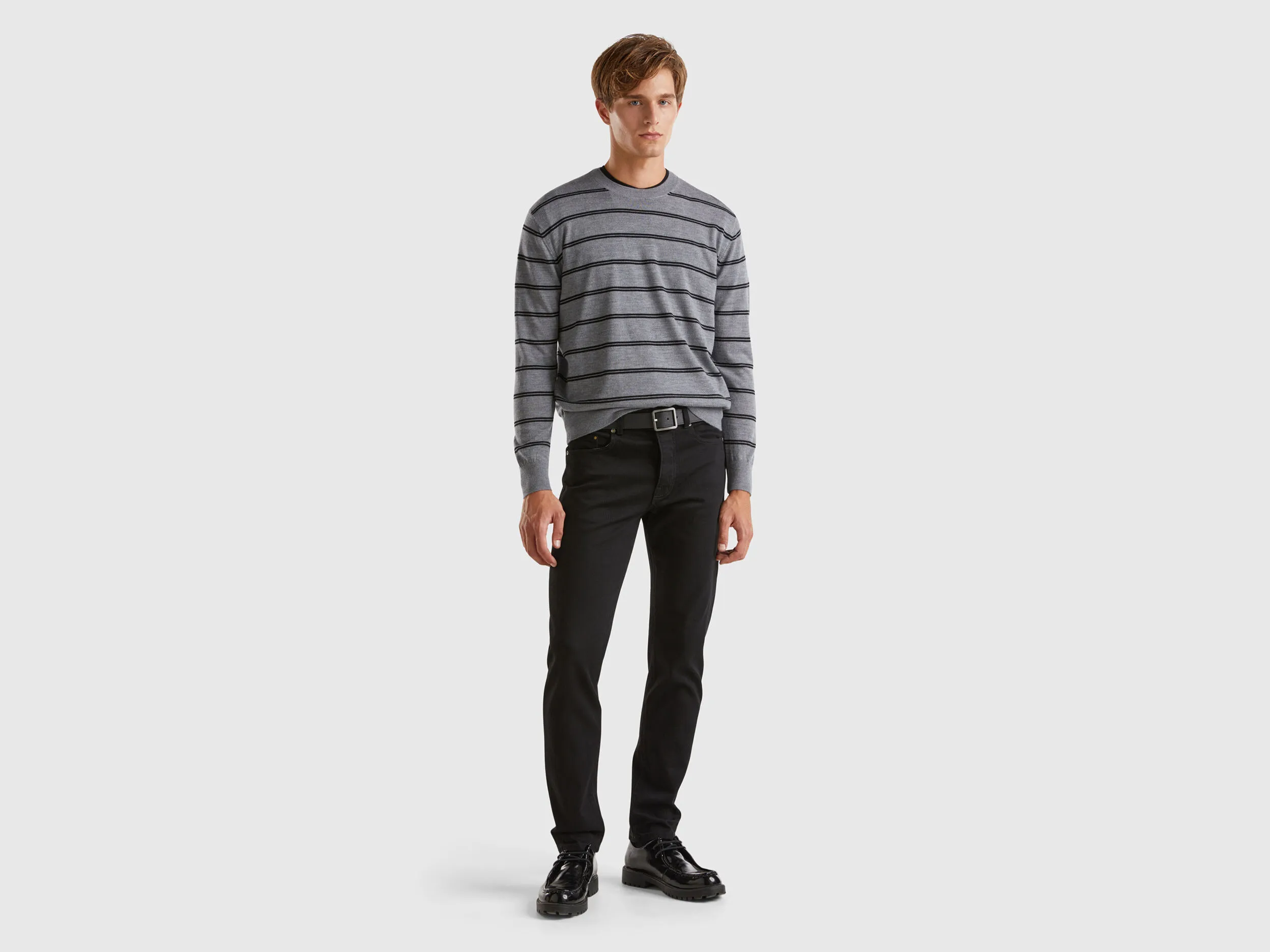 Striped sweater in pure Merino wool - Gray | Benetton