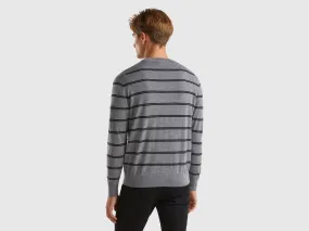 Striped sweater in pure Merino wool - Gray | Benetton