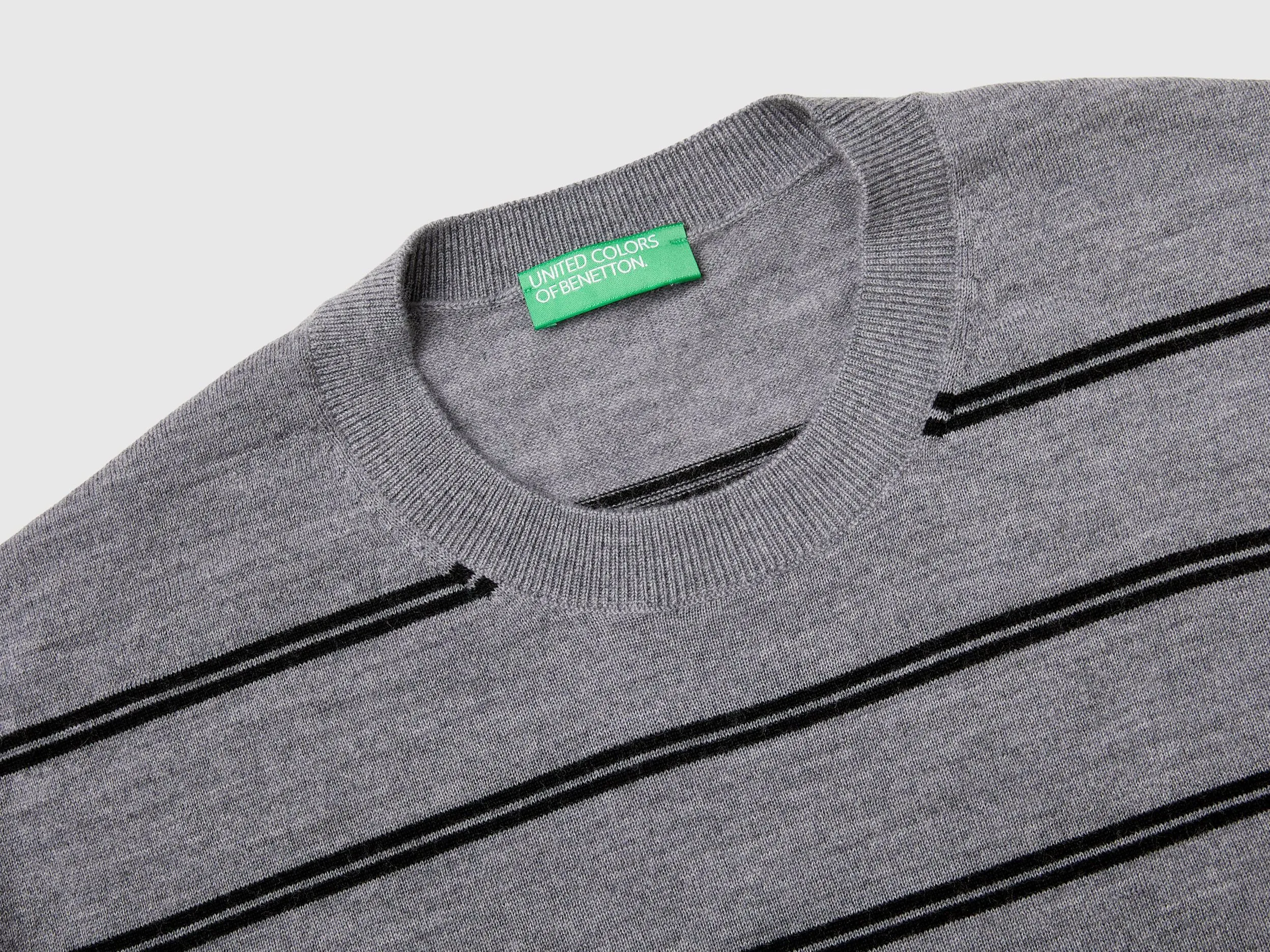 Striped sweater in pure Merino wool - Gray | Benetton