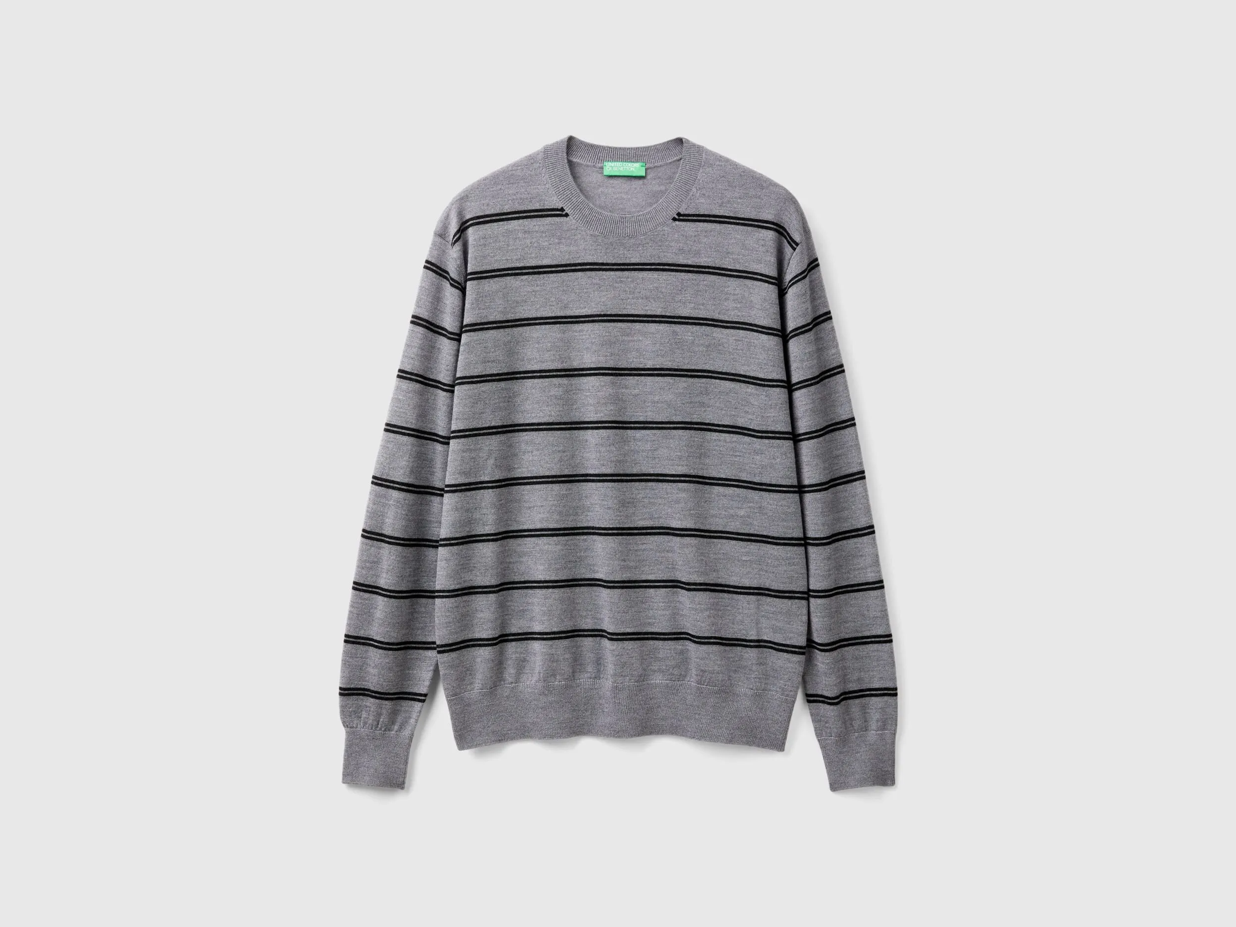 Striped sweater in pure Merino wool - Gray | Benetton