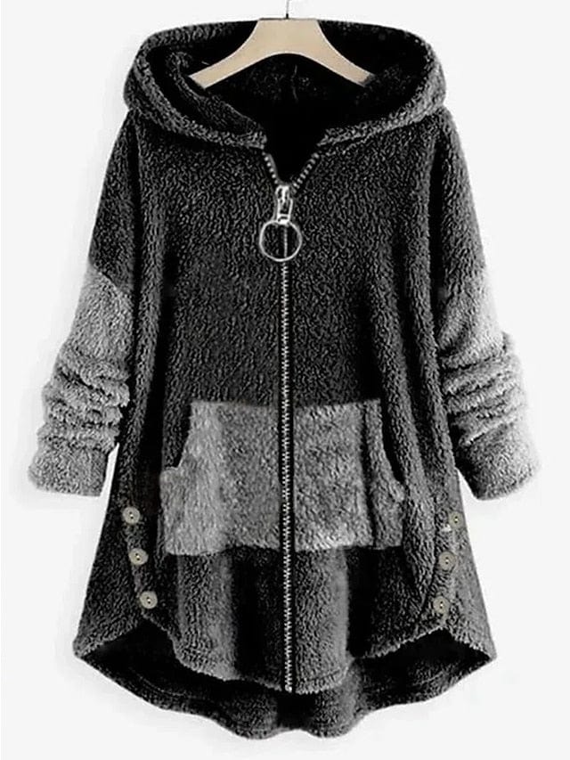 Stylish Plus Size Teddy Hooded Winter Coat with Button Pocket in Green and Black Sizes L-4XL