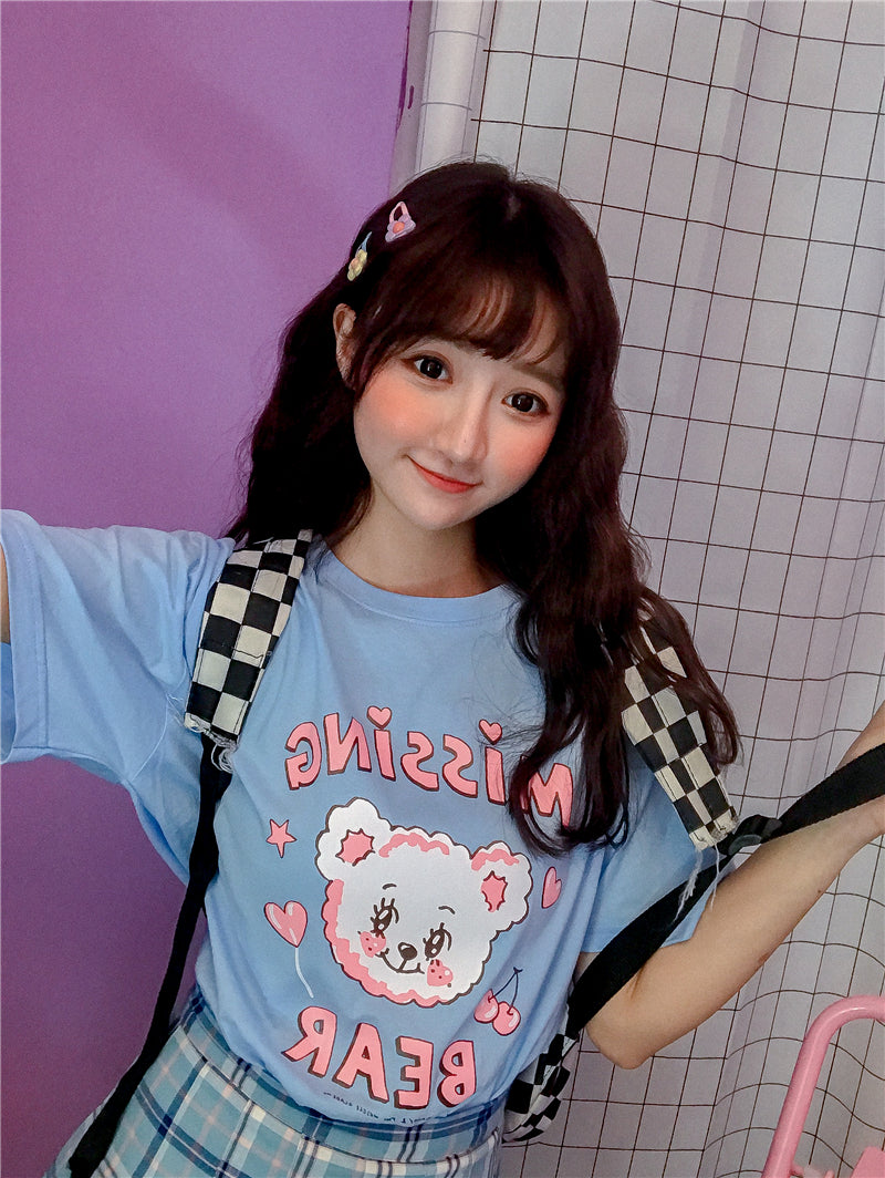 SUMMER CUTE MISSING BEAR BLUE PRINTED T-SHIRT BY22209