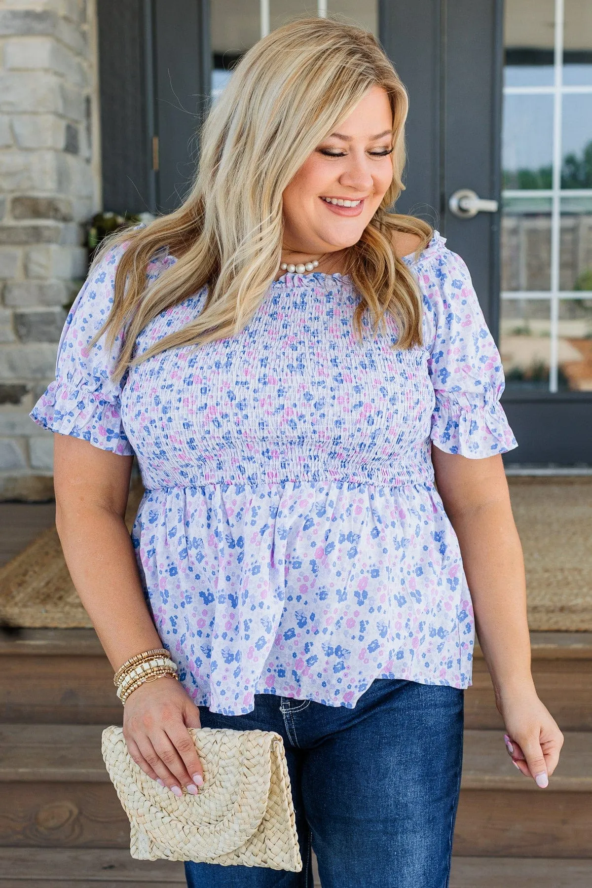 Tossing Petals Smocked Blouse- Blue