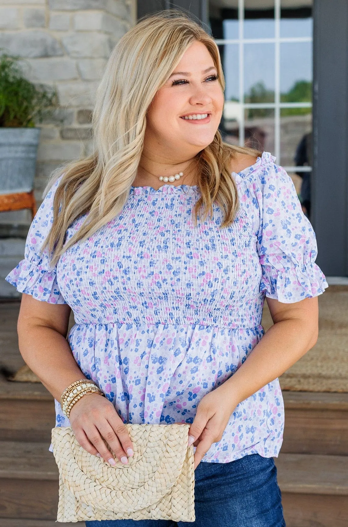 Tossing Petals Smocked Blouse- Blue