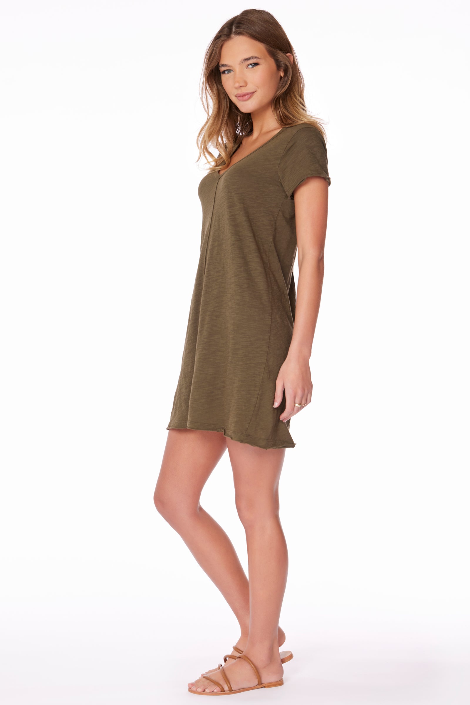 V-NECK RAW EDGE T-SHIRT DRESS