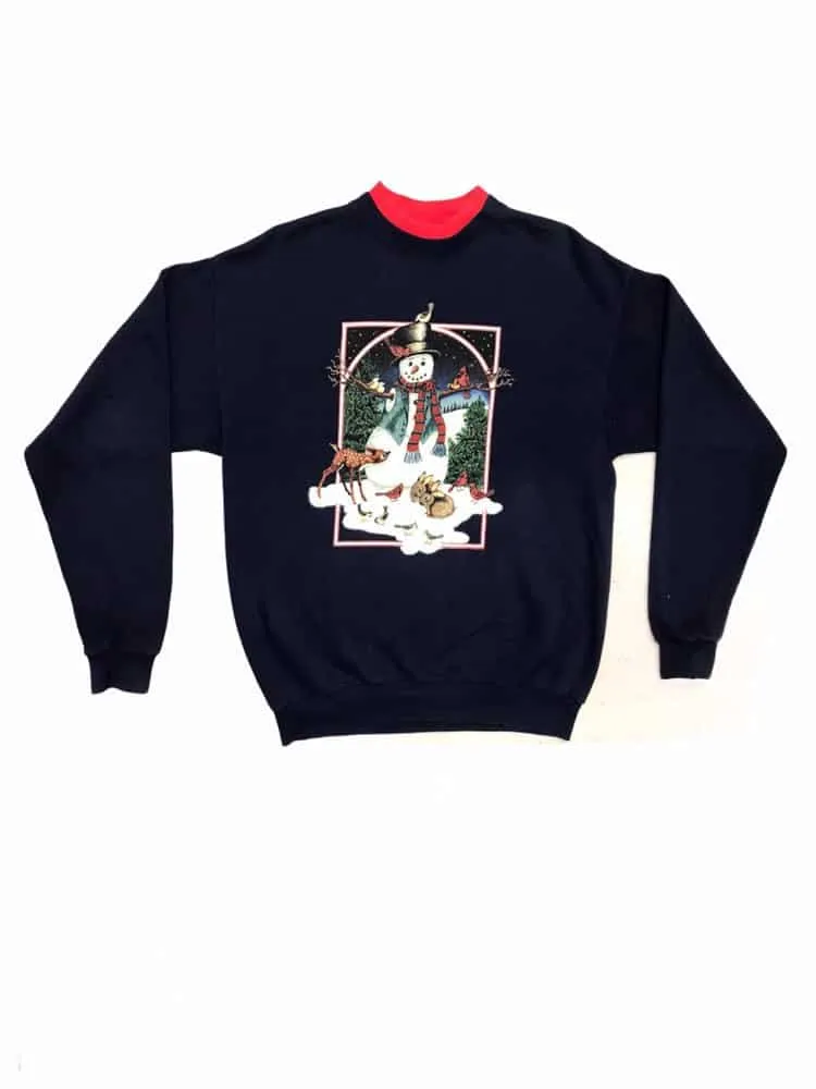 Vintage Christmas Sweatshirt Snowman Print Navy – XL