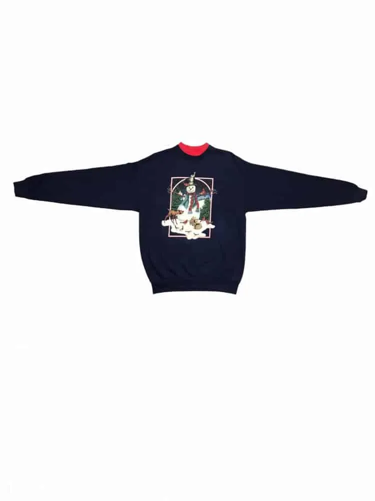 Vintage Christmas Sweatshirt Snowman Print Navy – XL