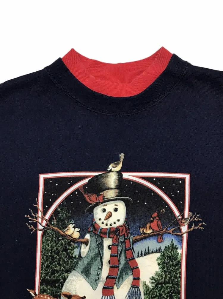 Vintage Christmas Sweatshirt Snowman Print Navy – XL