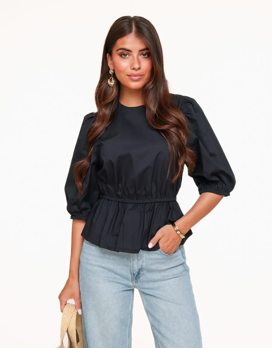 Zwarte 3/4 Pofmouwen - Blouse